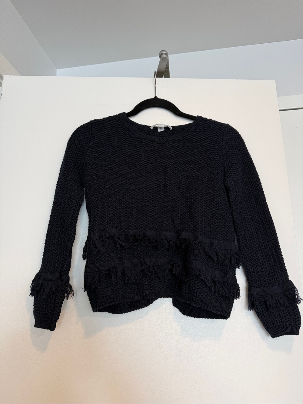 Autumn Cashmere Navy Crewneck Fringe open back Knit Sweater xs